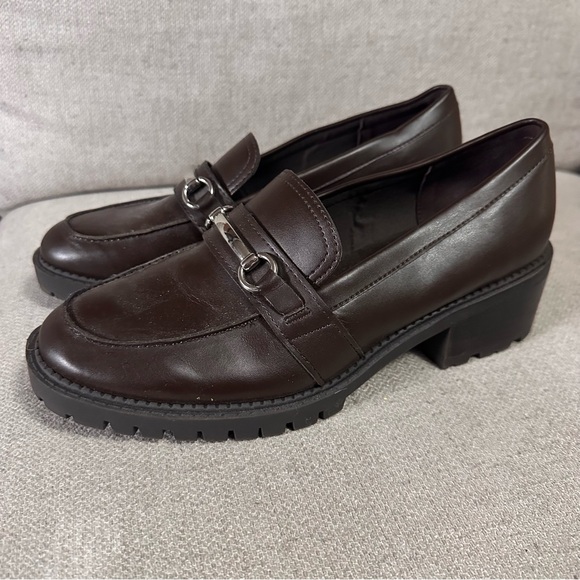 Marc Fisher Shoes - Marc Fisher Dancel Dark Brown Heeled Leather Loafers Lug Sole and Silver Accent